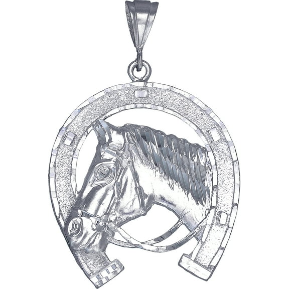 Large Heavy Sterling Silver Horseshoe with Horse Pendant Necklace 16 Grams 2.75 Inches with Diamond Cut Finish and 24 Inch Figaro Chain
