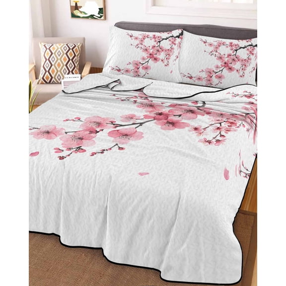 Pink Flower King Size Down Alternative Comforter, Lightweight Comforter Quilt Bedding Set with Pillow Shams Spring Summer Botanical Floral Branches All Seasons Bed Comforter Duvet Insert 96"x106"