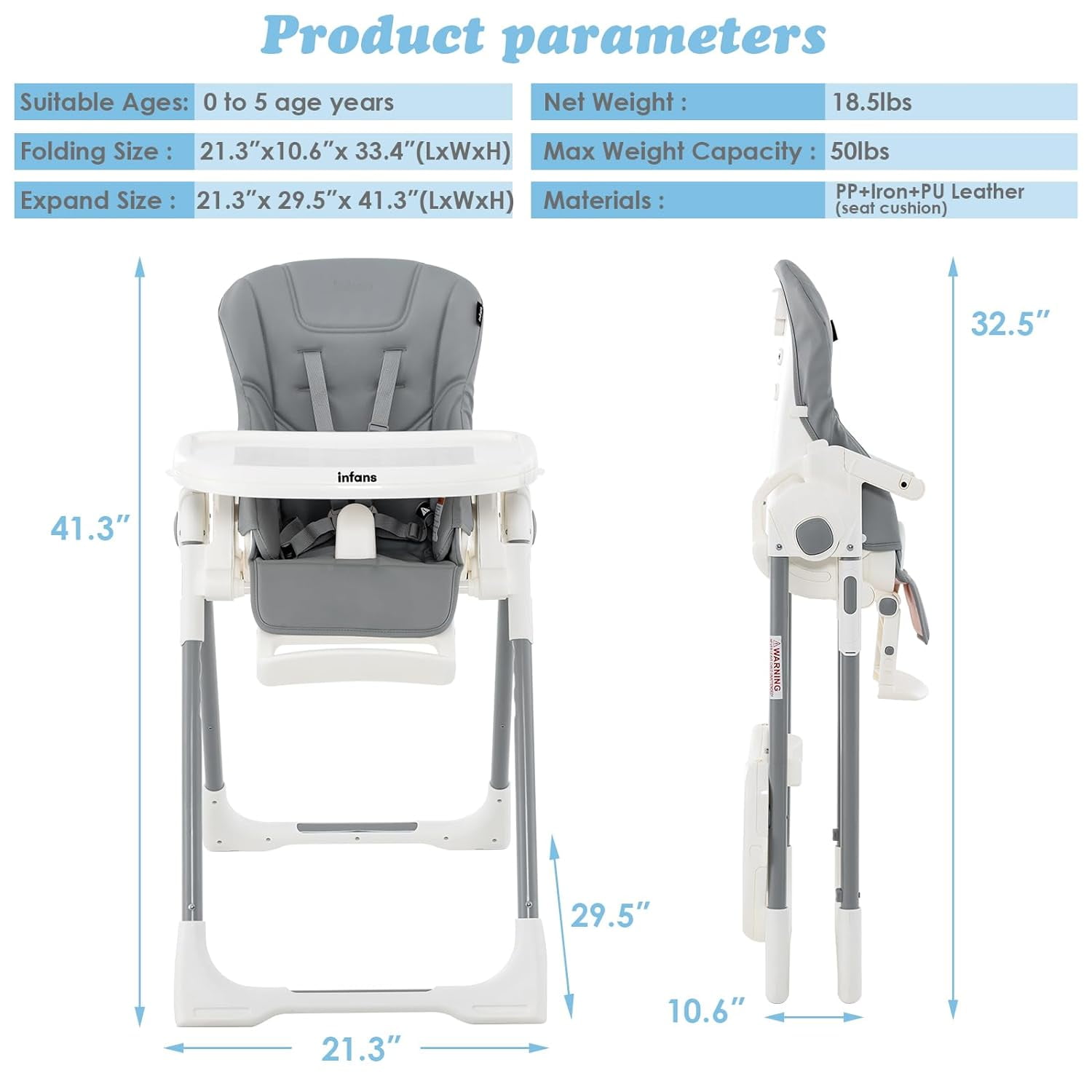 INFANS High Chair for Babies & Toddlers, Foldable Highchair with Multiple Adjustable Backrest Footrest Seat Height, Removable Tray, Detachable PU Leather Cushion, Built-in Rear Wheels (Light Grey)