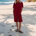 thumbnail image 2 of WULMLEO Women Linen Set 2 Piece Summer Outfits Plus Size Short Sleeve Shirt and Bermuda Shorts Lounge Set Casual Matching Set Wine 2XL, 2 of 7