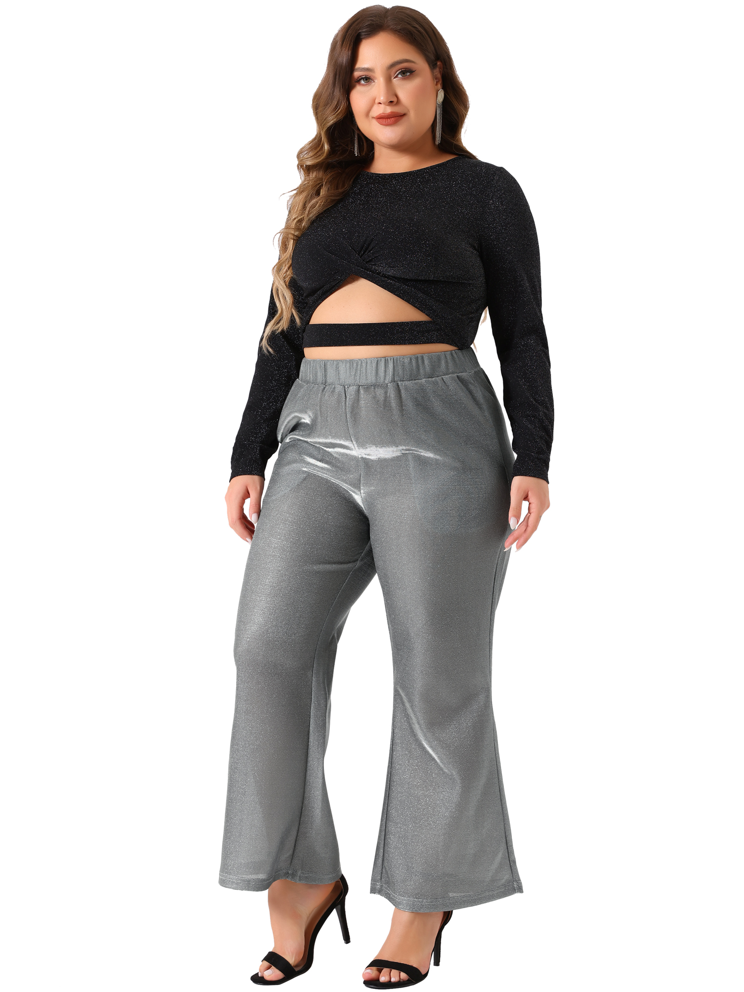 DARING DIVA Women's Plus Metallic Sparkly High Waist Wide Leg Pants 3X Silver