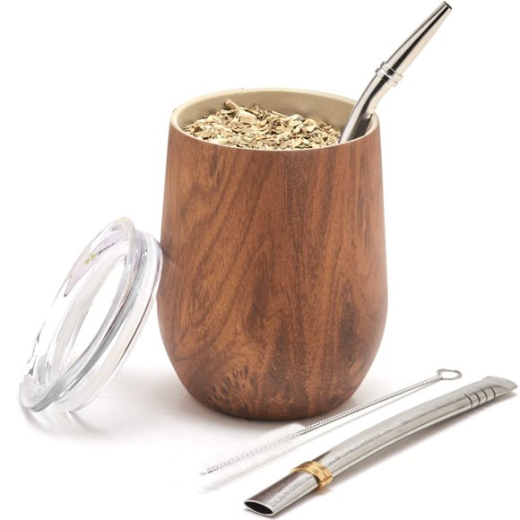 BALIBETOV Ensemble de Gourde en Acier Inoxydable Premium Yerba Mate, 5 Pcs Dont 12 oz Gourde avec Couvercle, 2 Bombillas, Brosse de Nettoyage Sans BPA, Isolée