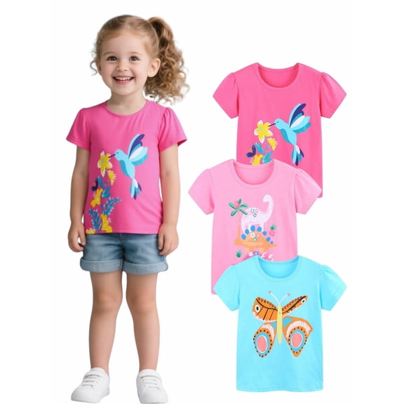 HILEELANG Toddler Girls' Short Sleeve Tees Cotton Casual Butterfly Dinosaur Crewneck Summer Top T-Shirts Pink Blue 3 Packs Sets 2T