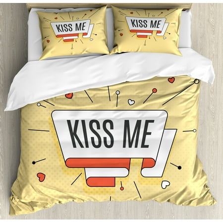Kiss Me King Size Duvet Cover Set Retro Quote On A Swirled Stripe