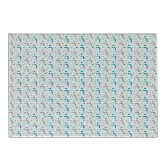 Pastel Cutting Board, Character Cartoon Unicorns with Colorful Mane Hair and Stars, Decorative Tempered Glass Cutting and Serving Board, Small Size, Blue Coral Yellow, by Ambesonne