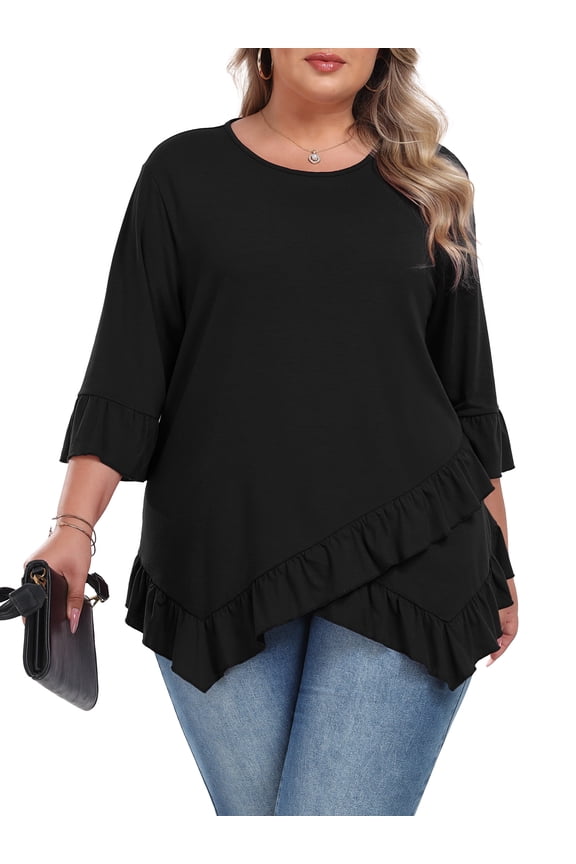 Plus Size Tops For Womens Ruffled Hem Crew Neck T-Shirts Casual Flowy Blouses 3/4 Ruffle Sleeve XL-5XL