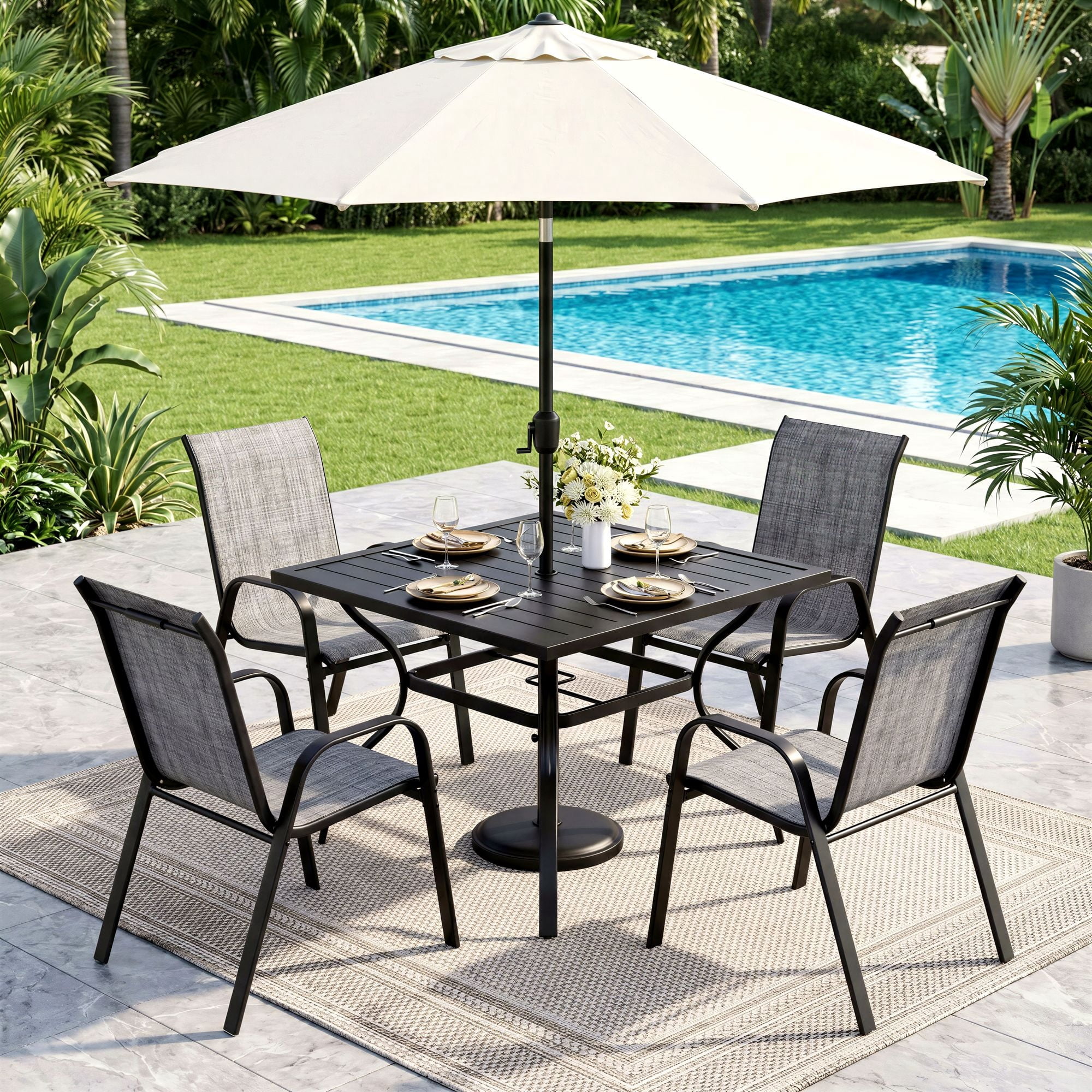 TLSUNNY Outdoor Dining Set of 5, Patio Furniture Set on Sale, Square Metal Table with Umbrella Hole & Foot Pads, 4 Stackable Textilene Chairs