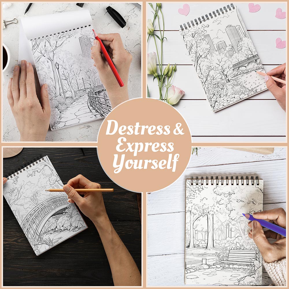 City Parks in Spring Coloring Book Spiral Bound For Adults, A5 Wooden Cover, 30 Beautiful Coloring Pages of Blossoming Flowers for Relaxation and Stress Relief