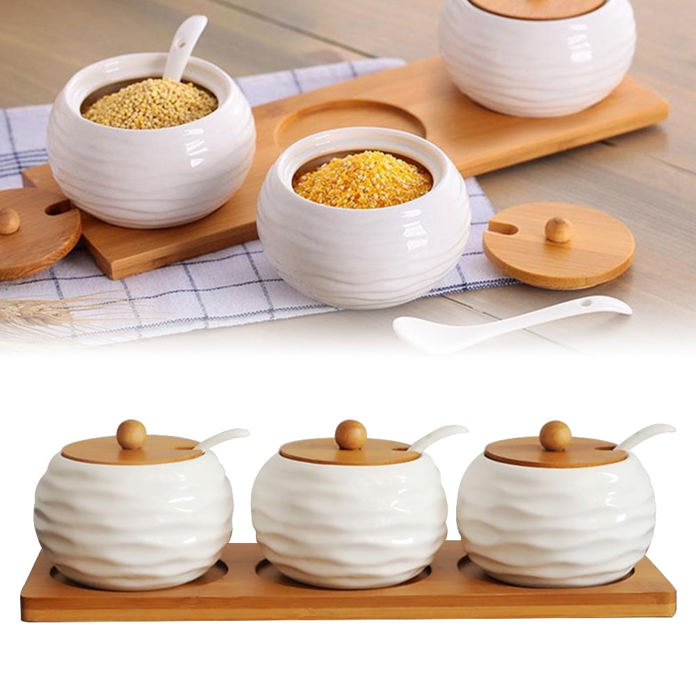 Porcelain Condiment Jar Spice Container with Lids Bamboo Cap Holder