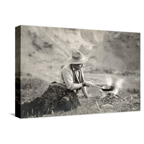 Art.com Cowboy Cooking over Campfire Stretched Canvas Print Wall Art, 18" x 12"