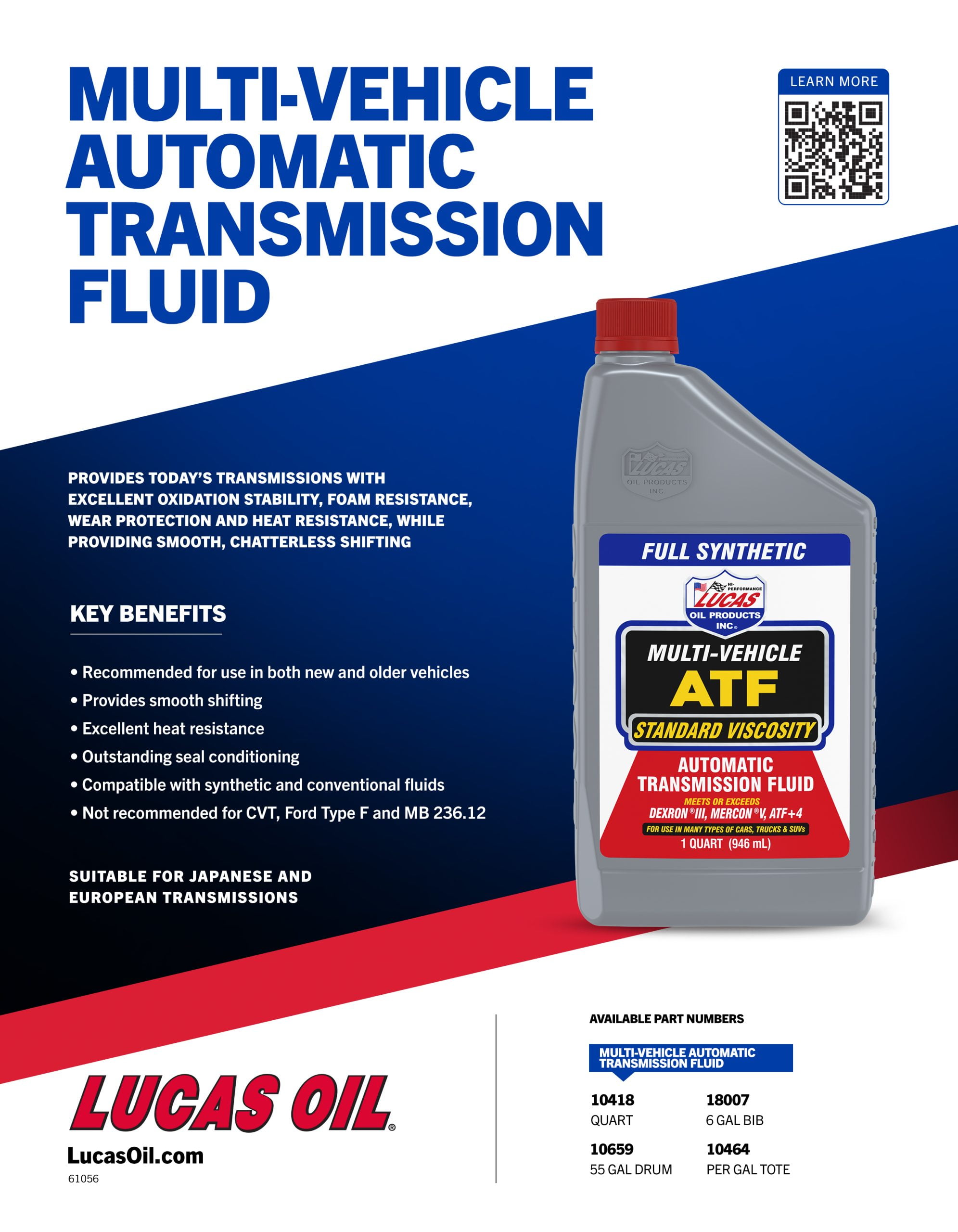 Lucas Oil Full Synthetic Multi-Vehicle ATF Automatic Transmission Fluid 32 ounce