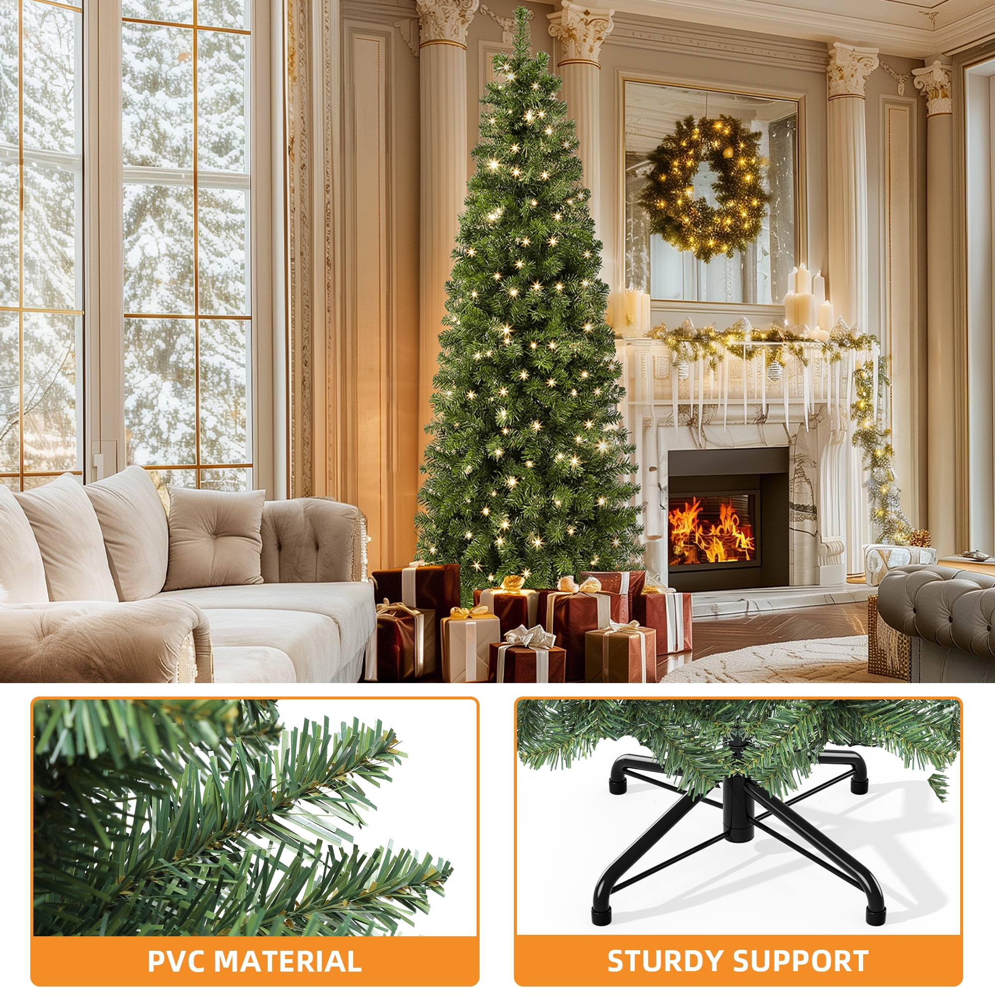 Uforic 7.5ft Pre-Lit Artificial Pencil Christmas Tree,Slim Fraser Fir Christmas Tree with 1000 Branch Tips and 350 Lights,Green