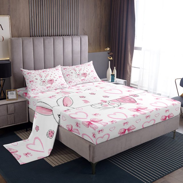 Erosebridal Kawaii Rabbit Queen Sheet Sets, Dreamy Bow-tie Bedding Queen Size, Princess Bowknot Decor