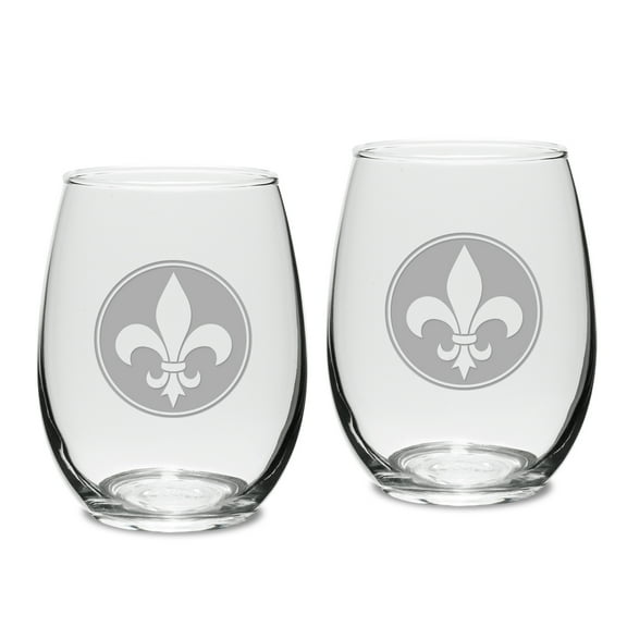 Fleur de Lis Deep Etched Stemless White Wine Glass Set of 2