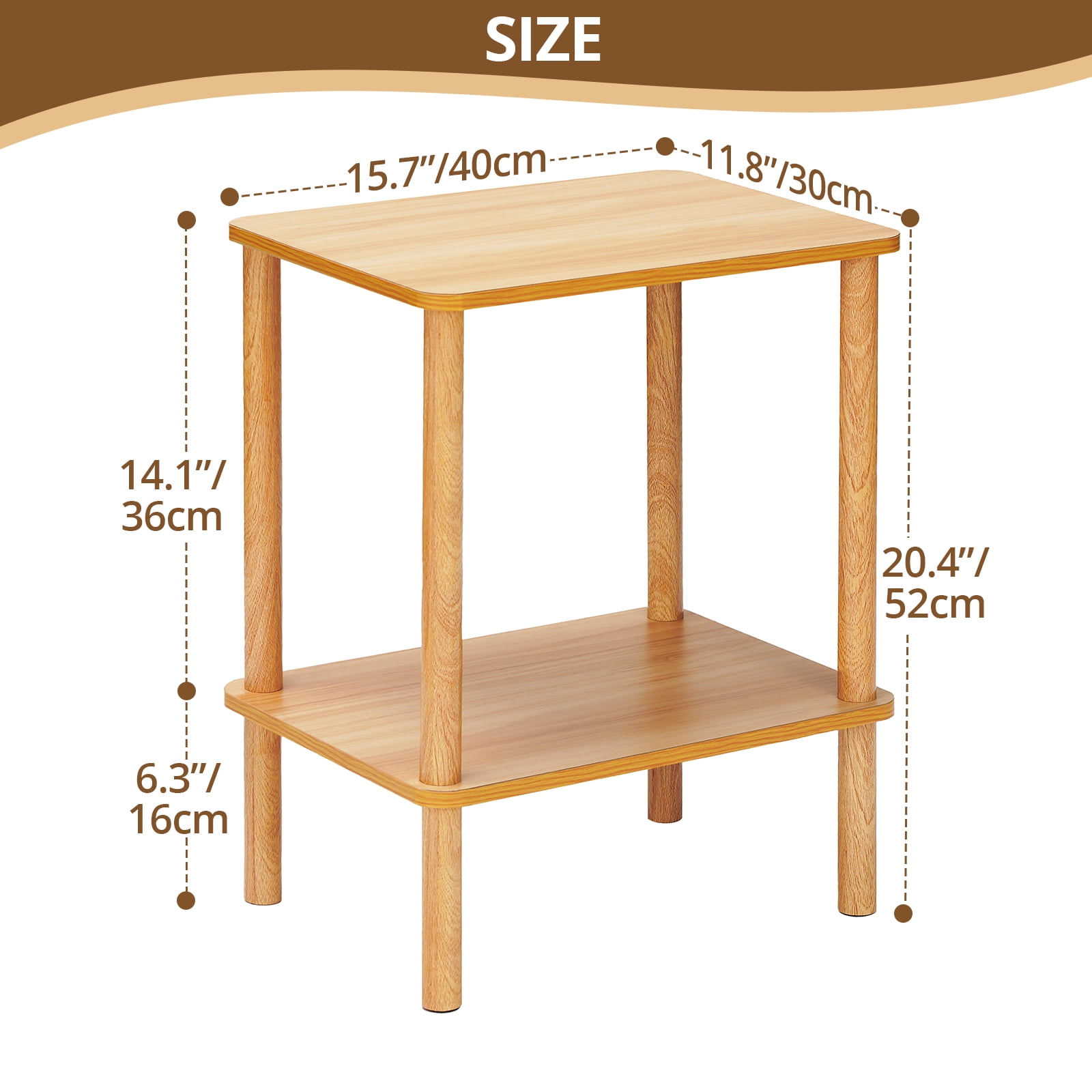 HONEIER 2 Tier Side table, Boho End Table with Storage Shelf, Nightstand with Wood Leg Bedside Table for Small Spaces, Bedroom, Living Room, Entryway, Farmhouse, Easy Assembly, Natural