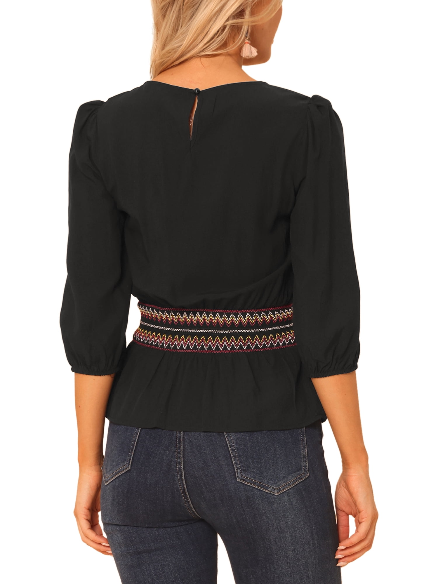 Unique Bargains Women's Peplum Top Puff Half Sleeve Smocked Waist Blouse L Black