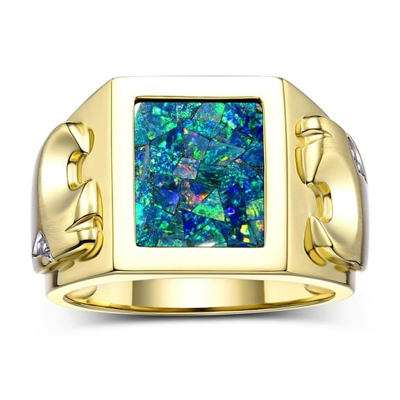 RYLOS Men's Rings Yellow Gold Plated Silver Designer Ring Tiger Head On Both Sides Diamond in the Eyes and Mosaic Opal Rings For Men Size 8