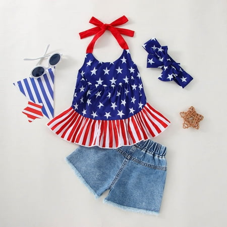 

Edvintorg 6Months-4Years 4Th Of July Girl Set Clothes Clearance Summer Toddler Kids Baby Girls Independence Day Fashion Cute Sweet Star Print Ruffles Jeans Suit