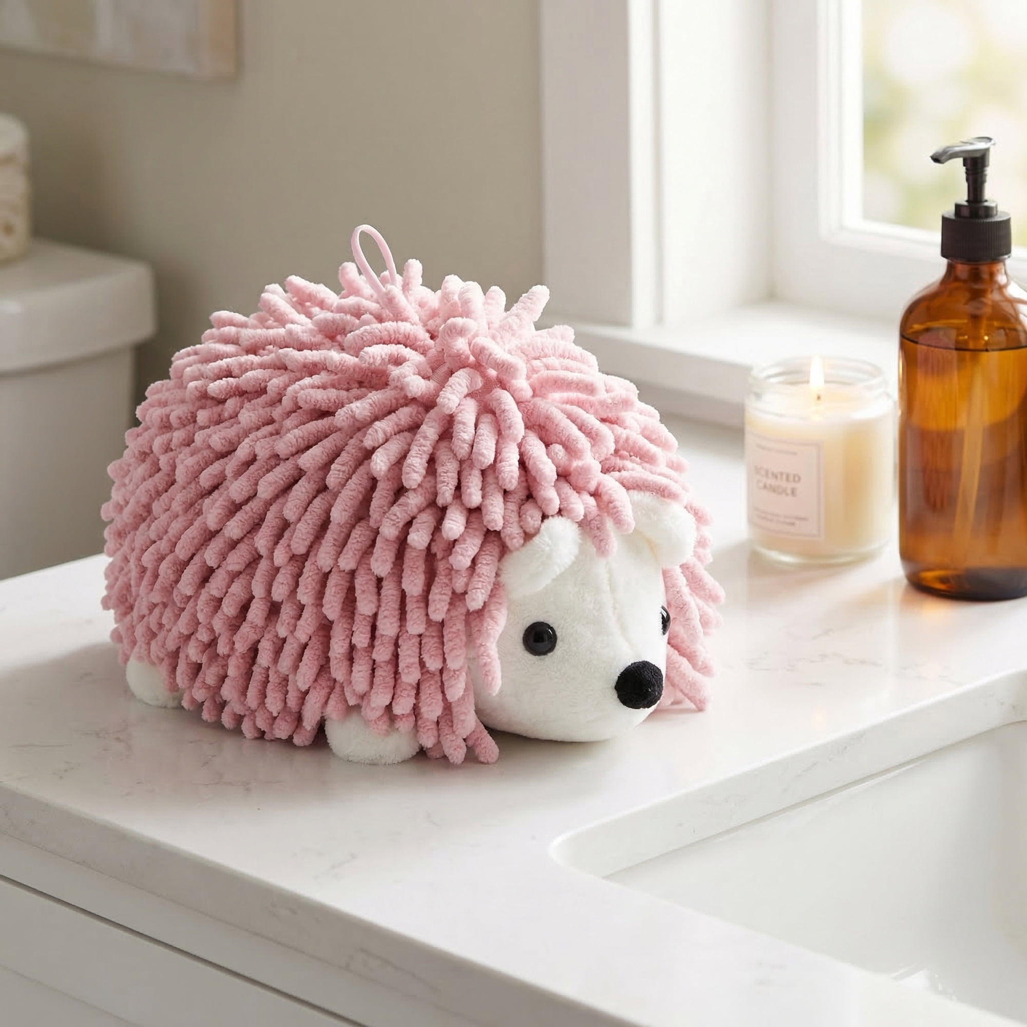 Unique Bargains Animal Chenille Hanging Absorbent Soft Hand Towel Pink/Rose Red 10" x 6"