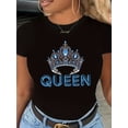 thumbnail image 1 of Women's "Queen" Crown Graphic Tee - Casual Black with Blue & White Design, Stretchy Cotton, Short Sleeve, Round Neck - Machine Washable, Ideal for All Seasons, 1 of 7