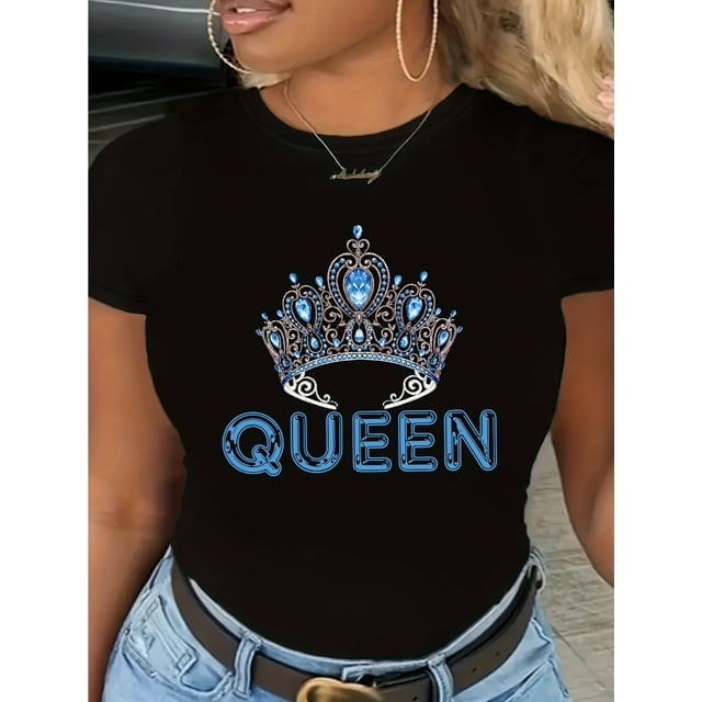 Women's "Queen" Crown Graphic Tee - Casual Black with Blue & White Design, Stretchy Cotton, Short Sleeve, Round Neck - Machine Washable, Ideal for All Seasons