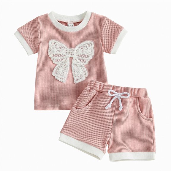 Gibobby Toddler Girls 18 Months Girl Clothes Short Sleeve Graphic Summer Clothes Smocked Short Sleeve T-Shirt Tops Ruffled Plaid Short Sets Cute Outfits 2Pcs,12-18 Months,Pink