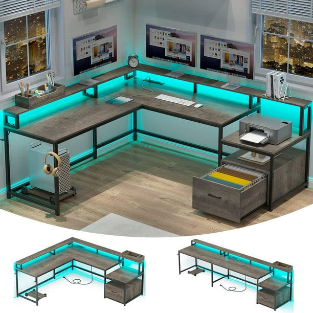 SEDETA L Shaped Desk, 66" Home Office Desk with File Drawer and Power
