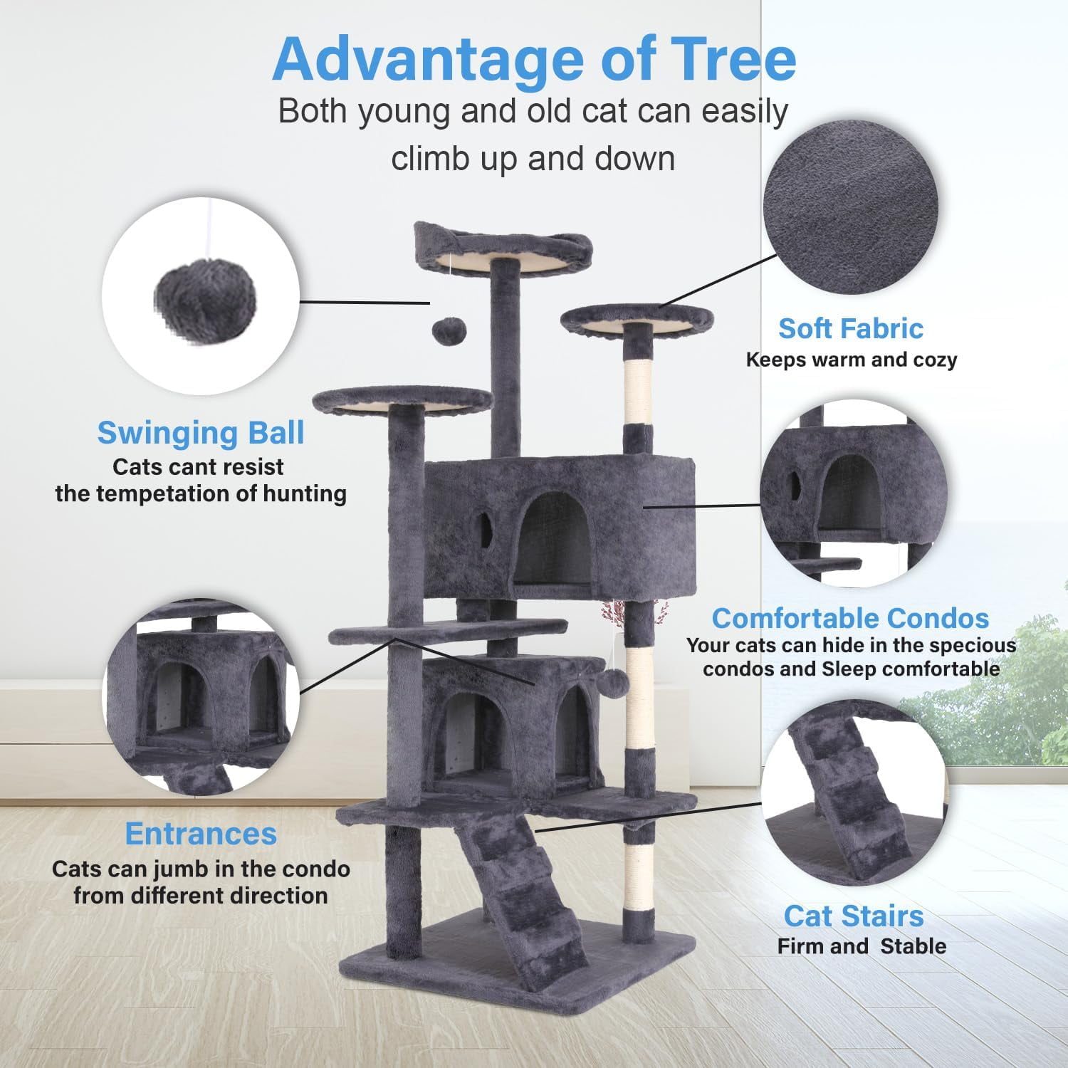 FDW 54in Cat Tree Tower, Scratch Posts, Condo, Toys,Perfect for Active Cats,Ashy