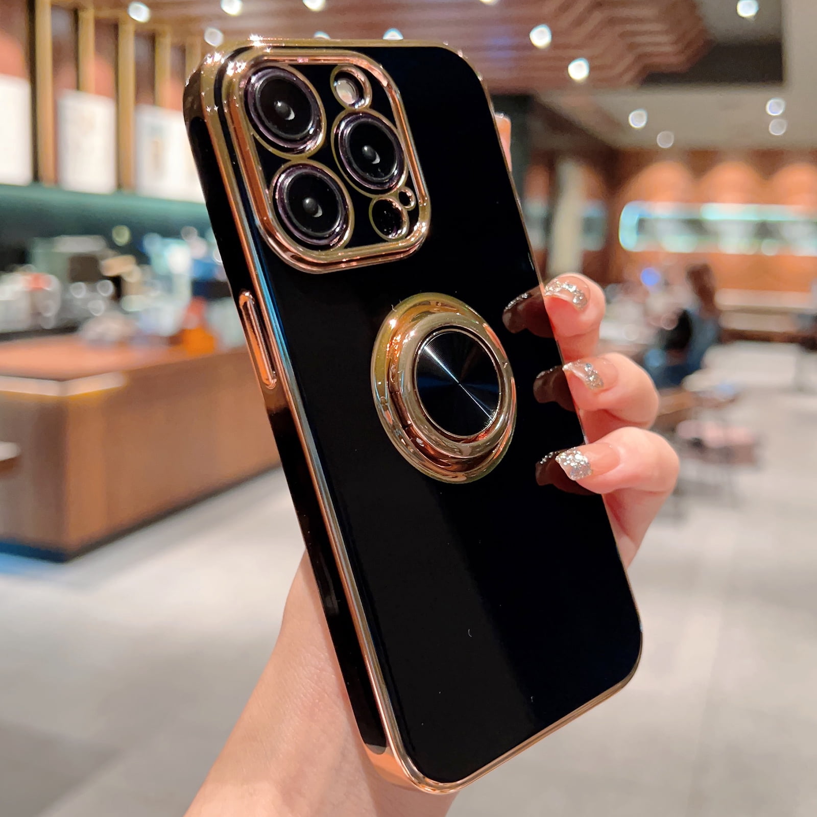 Dteck for iPhone 14 Pro Max Case with Ring Holder, Luxury Plating Case Soft TPU Shockproof Phone Case for iPhone 14 Pro Max Compatible with Magnetic Car Mount, Black