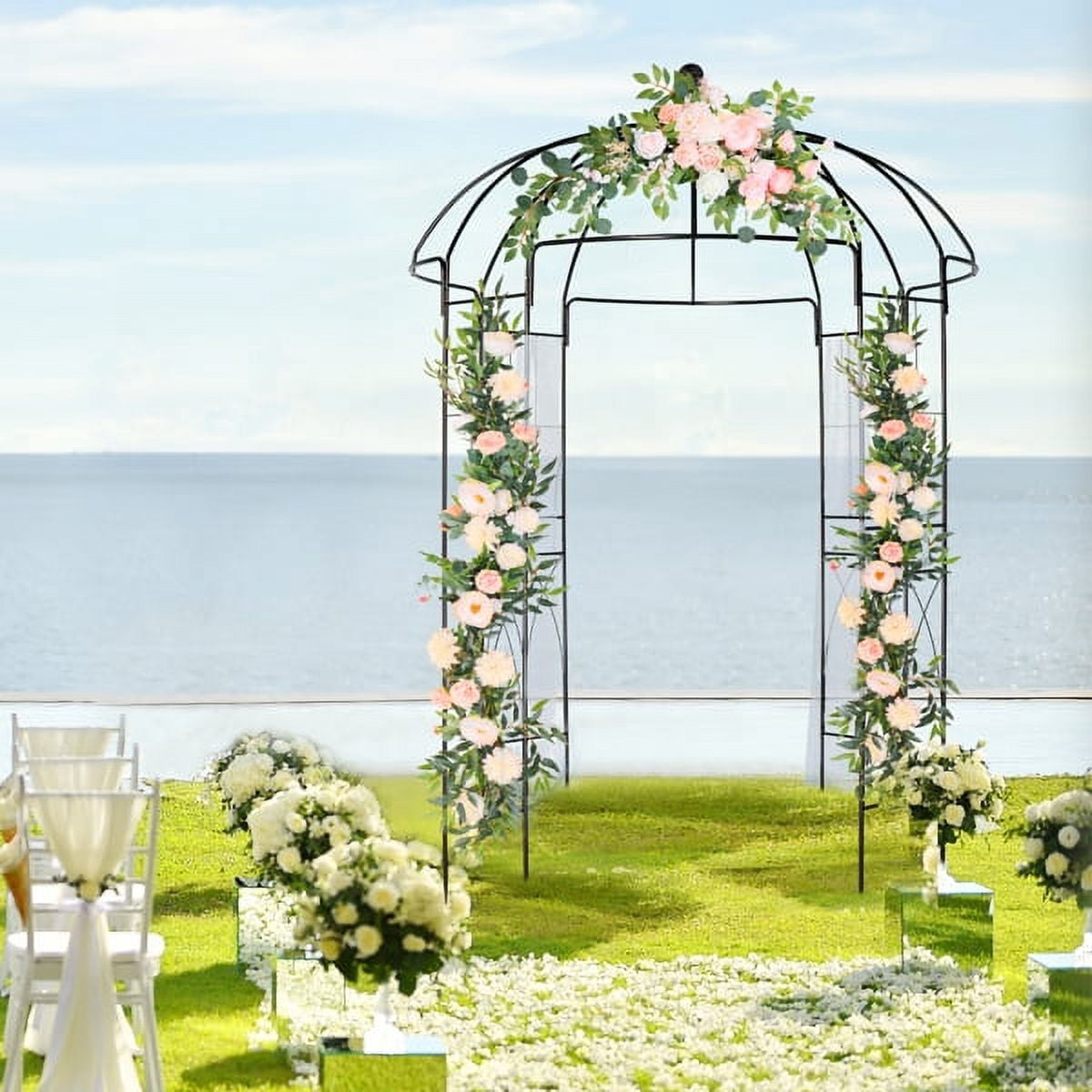 Black Wrought Iron Garden Gazebo Arch - 81.5" W w/Silver Ball Hooks & Diamond Trellis - Rustproof Plant Climbing Structure w/10.6" Ground Stakes