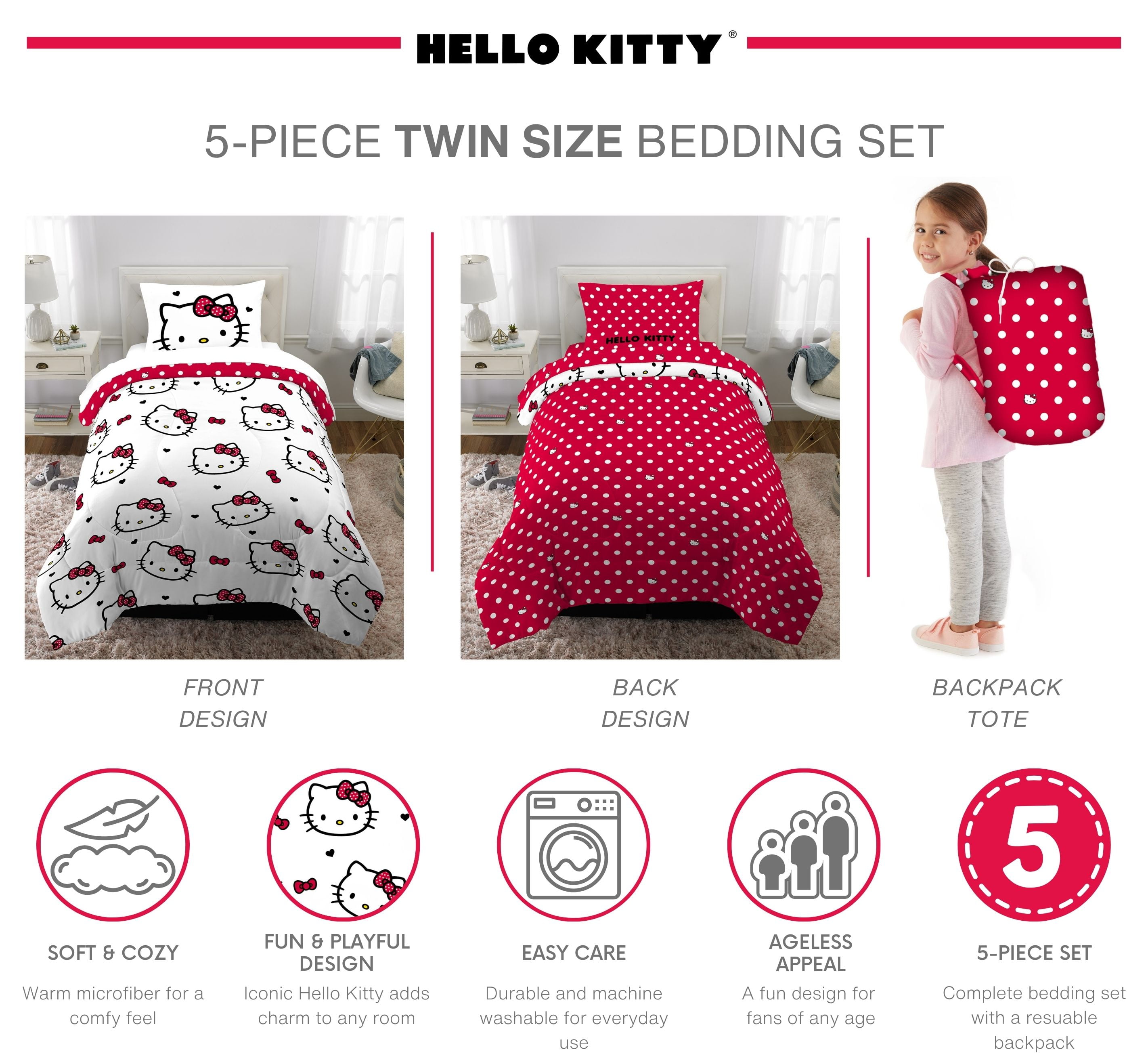 Hello Kitty Kids Twin Bed in a Bag, Comforter Sheet Set and Bonus Tote, Red, Sanrio