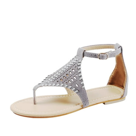 

Womens Flat Sandals- Open Toe Casual Hollow Roman Woven Summer Slide Sandals #952 Gray