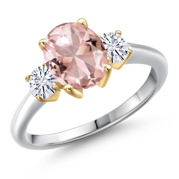 Gem Stone King 925 Silver and 10K Yellow Gold Peach Nano Morganite and White Moissanite Engagement Ring for Women | 2.46 Cttw | Oval 9X7MM | Gemstone October Birthstone | Size 7