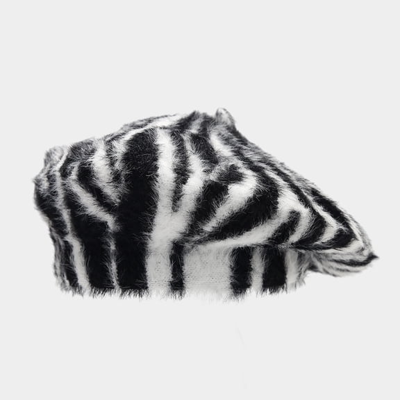 Women's Fuzzy Zebra Print Beret French Style Winter Artist Hat for Daily Party
