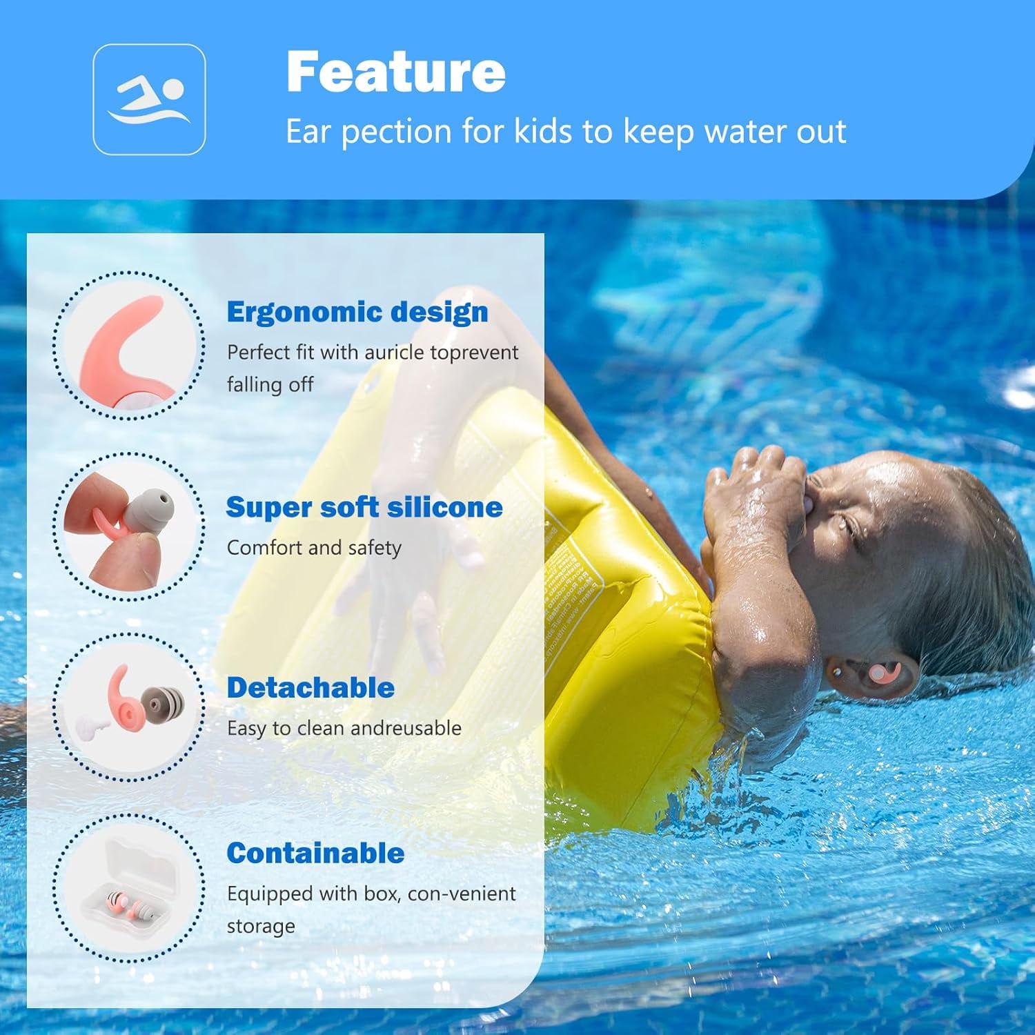 Swimming Ear Plugs for Kids,3 Pairs Waterproof Silicone Swim Earplugs for Swimming Surfing Diving Showering for 5-13 Years Olds Children and Small Ear Teens