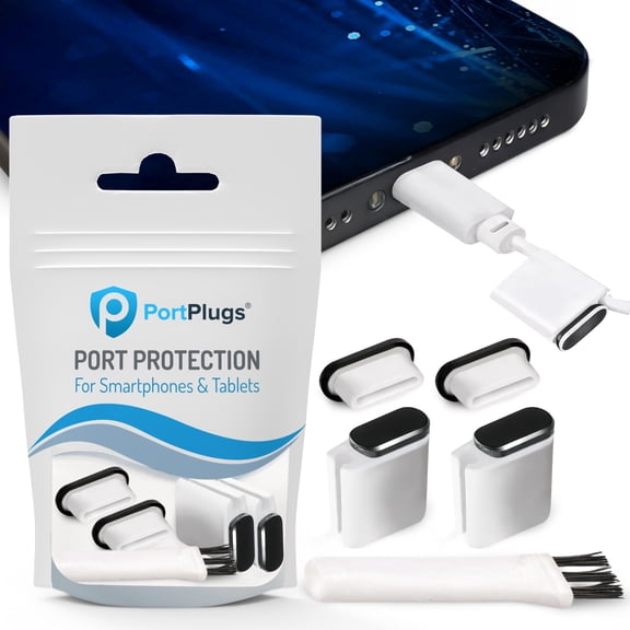 PortPlugs USB-C Dust Plugs - Aluminum Protective Caps for iPhone 15, Samsung Galaxy S24-S20 & Android Type C Devices - Includes Holders & Cleaning Brush | 2 Pack (Gray)