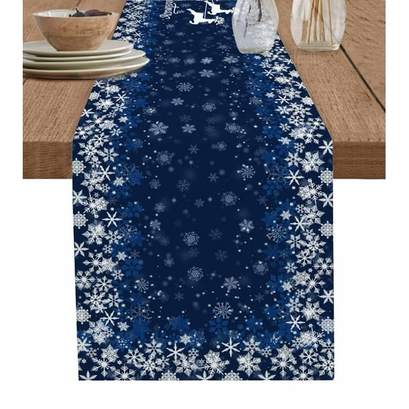 Table Runners 36 Inches Long Dress Scarves, Christmas Elk Farmhouse Kitchen/Dining Table Runner, Short Coffee Tablerunners, Winter Santa Claus Xmas Snowflakes Navy Blue 13x36 Inch