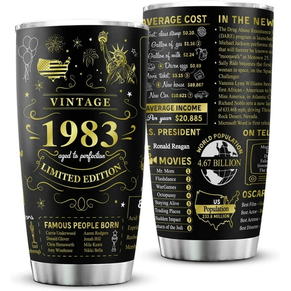 40th Birthday Gifts for Men Women Friends Vintage 1983 Tumblers 40 Year Old Birthday Supplies Vintage 1983 Back in 1983 Old Time Information Stainless Steel Vacuum Insulated Tumblers 20 oz