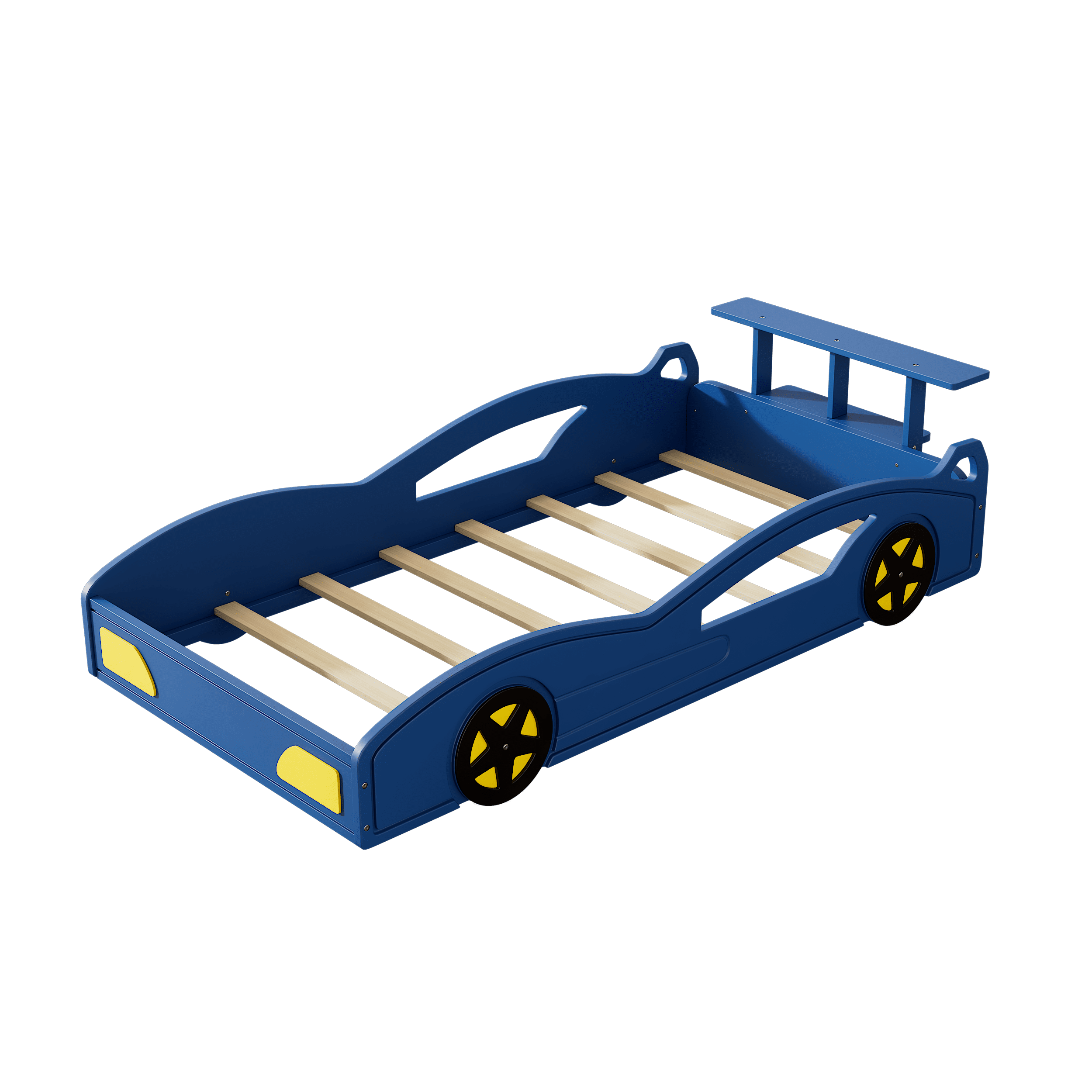 Wooden Race Car Bed, Car-Shaped Platform Twin Bed with Wheels For Teens, Blue & Yellow