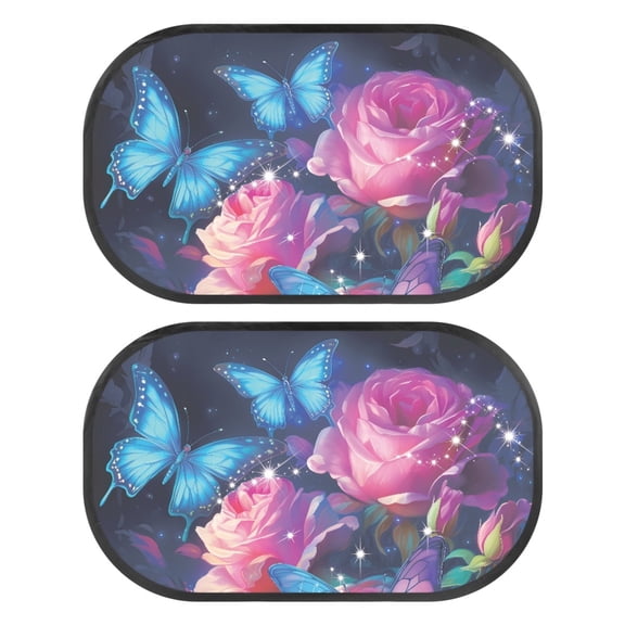 Yuyamidu Blue Butterfly Car Window Sunshades Pink Rose Vehicle Rear Window Sun Shade 2 Packs UV Rays Sun Protection Auto Side Window Cover Car Interior Accessories