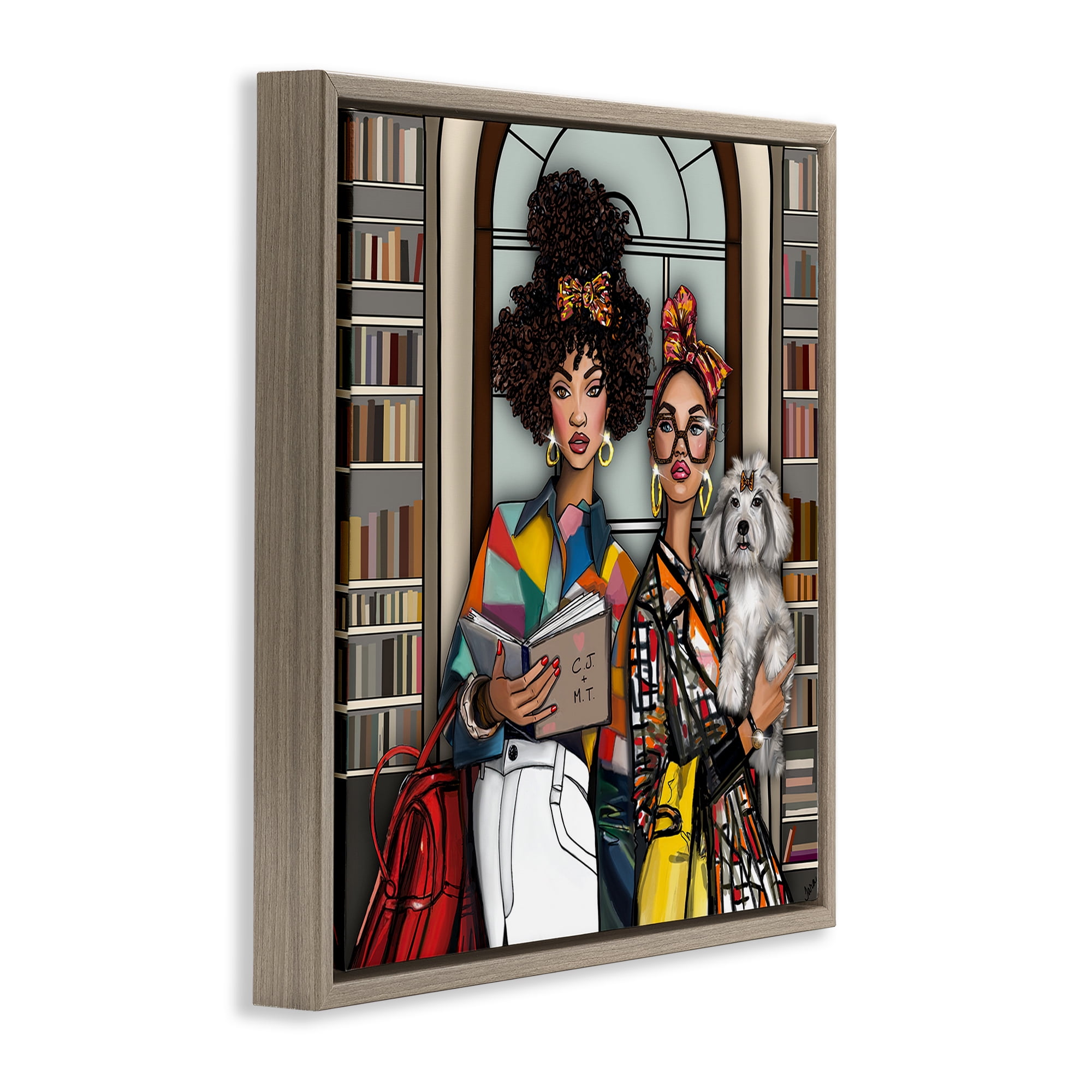 Stupell Industries Bookish Girls at Library Brown Framed Floater Canvas Wall Art, design by Tara Boone