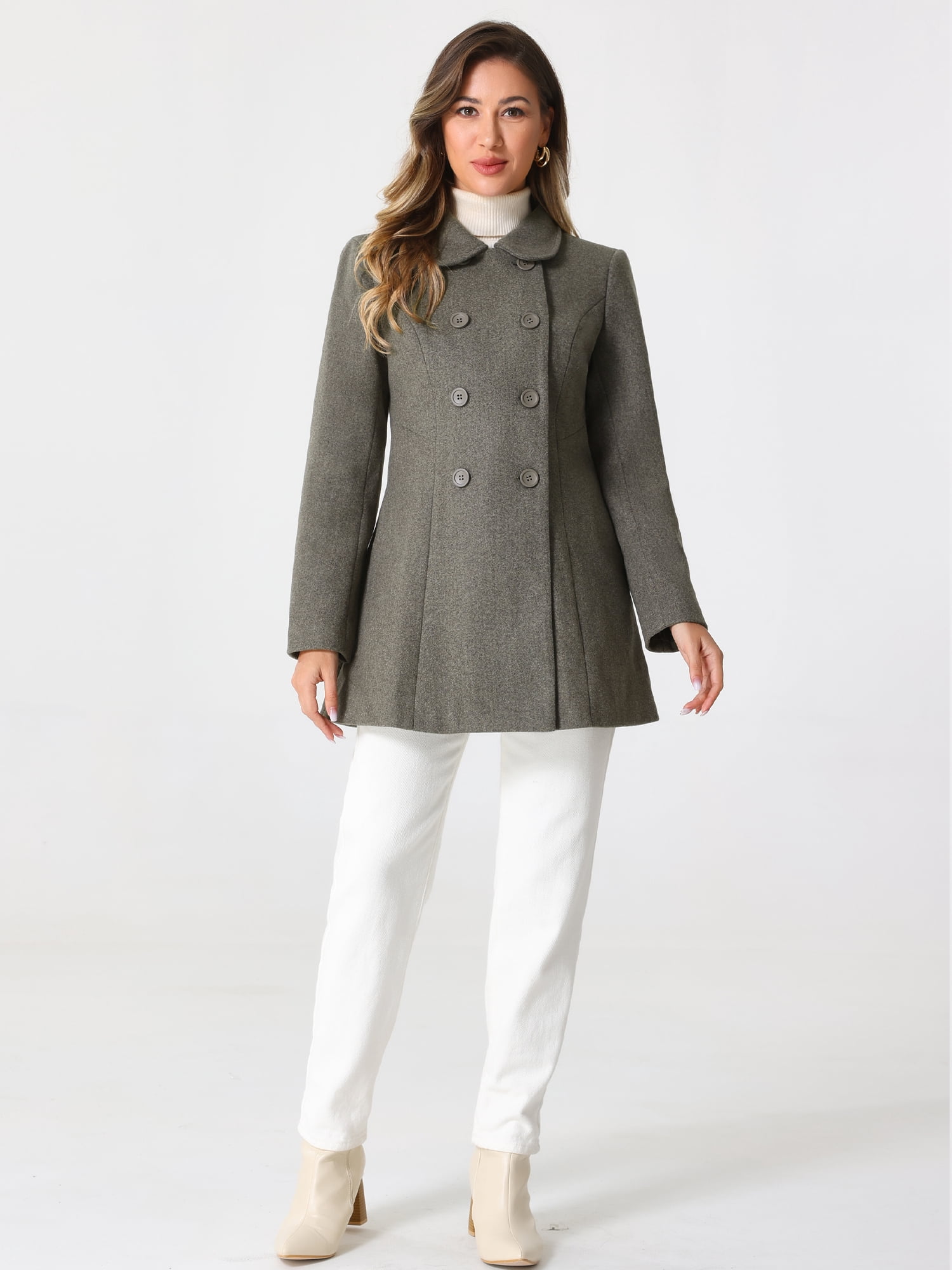 DARING DIVA Women's Peter Pan Collar Double Breasted Winter Trench Coat Dusty Dark Grey S