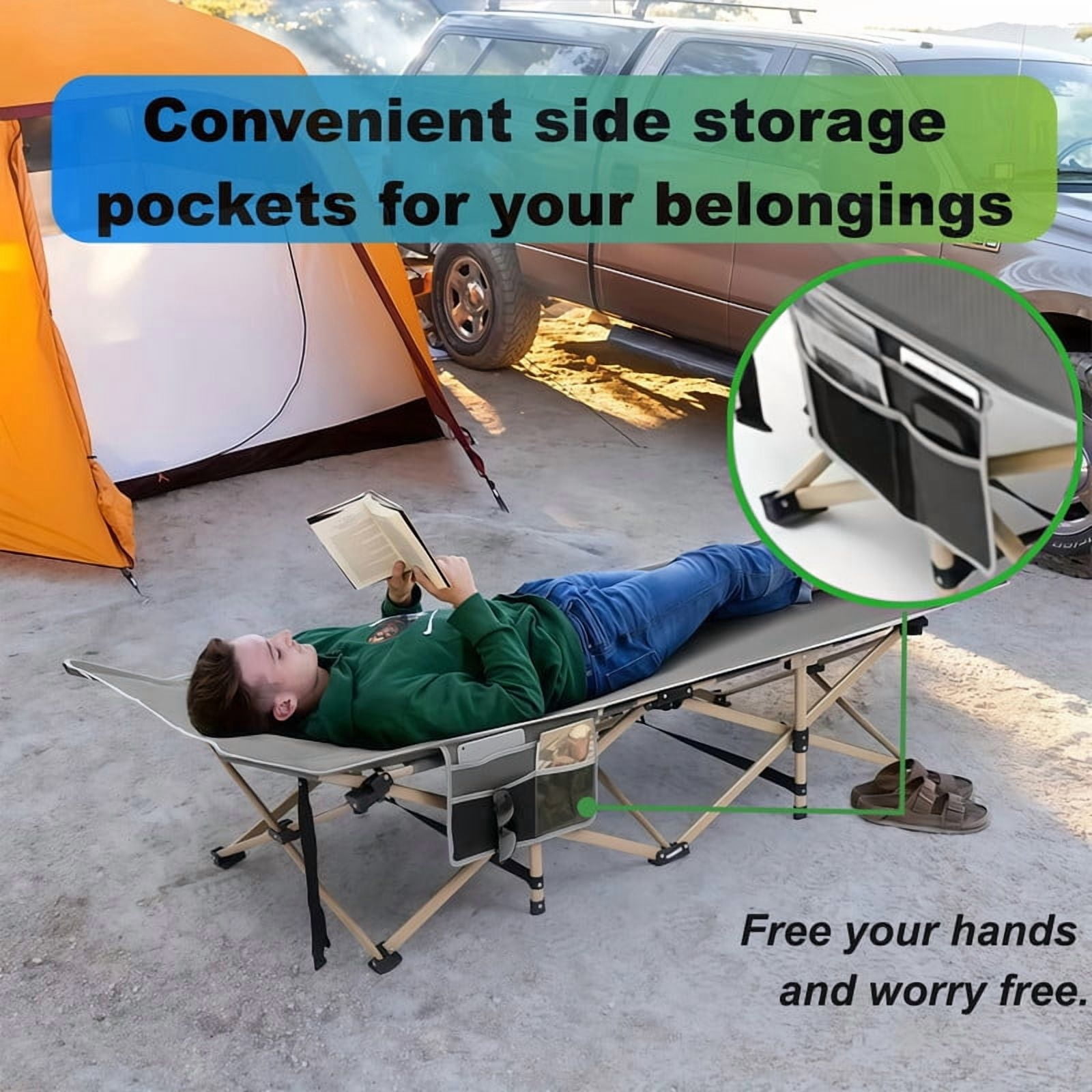 Heavy-Duty Folding Bed Frame with Adjustable Backrest, Portable Camping Cot, Indoor/Outdoor Daybed with Removable Pad