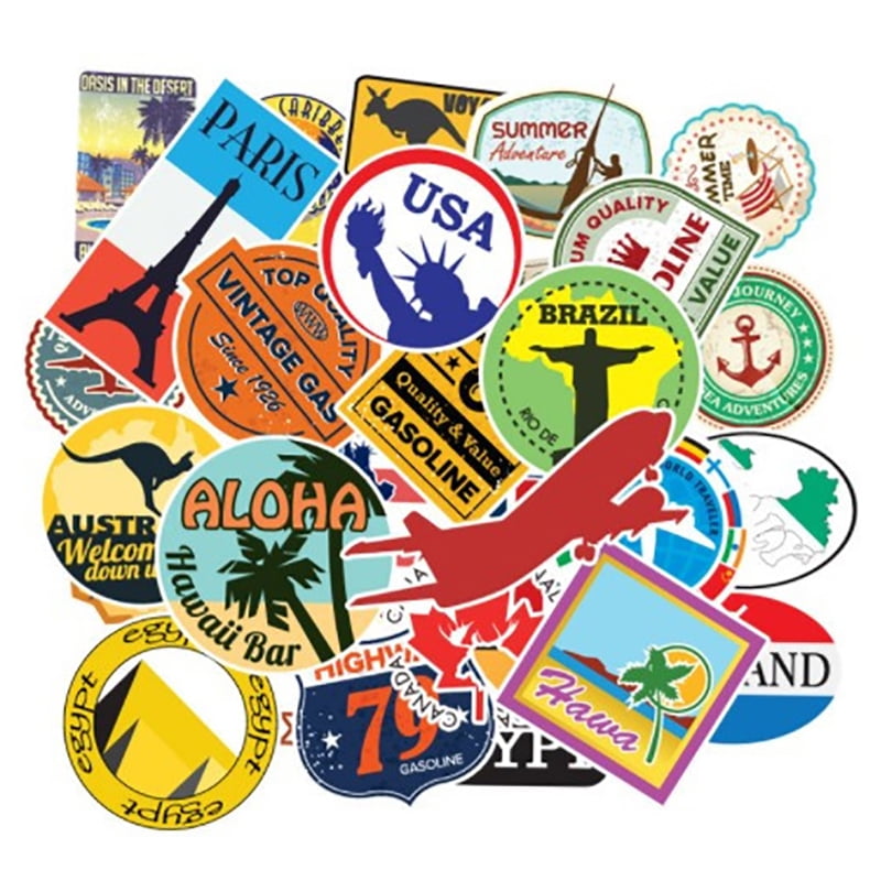 100Pcs Travel Map Country Famous Logo PVC Waterproof Stickers Decor Suitcase JE 