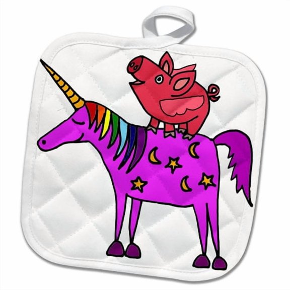 3dRose, Funny Cool Flying Pig Riding Unicorn Cartoon, 8x8 Potholder
