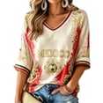 thumbnail image 2 of Mexico 2026 Soccer Cup Fan Jersey for Women, V-Neck Half Sleeve Supporter Top with Gold Totem Graphic, Lightweight Breathable Summer Shirt, 1 PC Beige L, 2 of 3