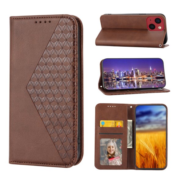 SaniMore for iPhone 14 6.1" PU Leather Case RFID Blocking, Magnetic Closure Flip Wallet Cover with Wrist Strap Card Slot & Multi-Angle Kickstand All-Inclusive Protective Shell, Brown
