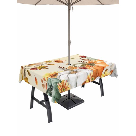 Outdoor Tablecloth with Umbrella Hole and Zipper, Fall Green Orange Rectangle Table Cloth 60x120 Inch Waterproof Tablecloth, Thanksgiving Maple Leaf Tree Pumpkins Picnic Table Cover for Patio Camping