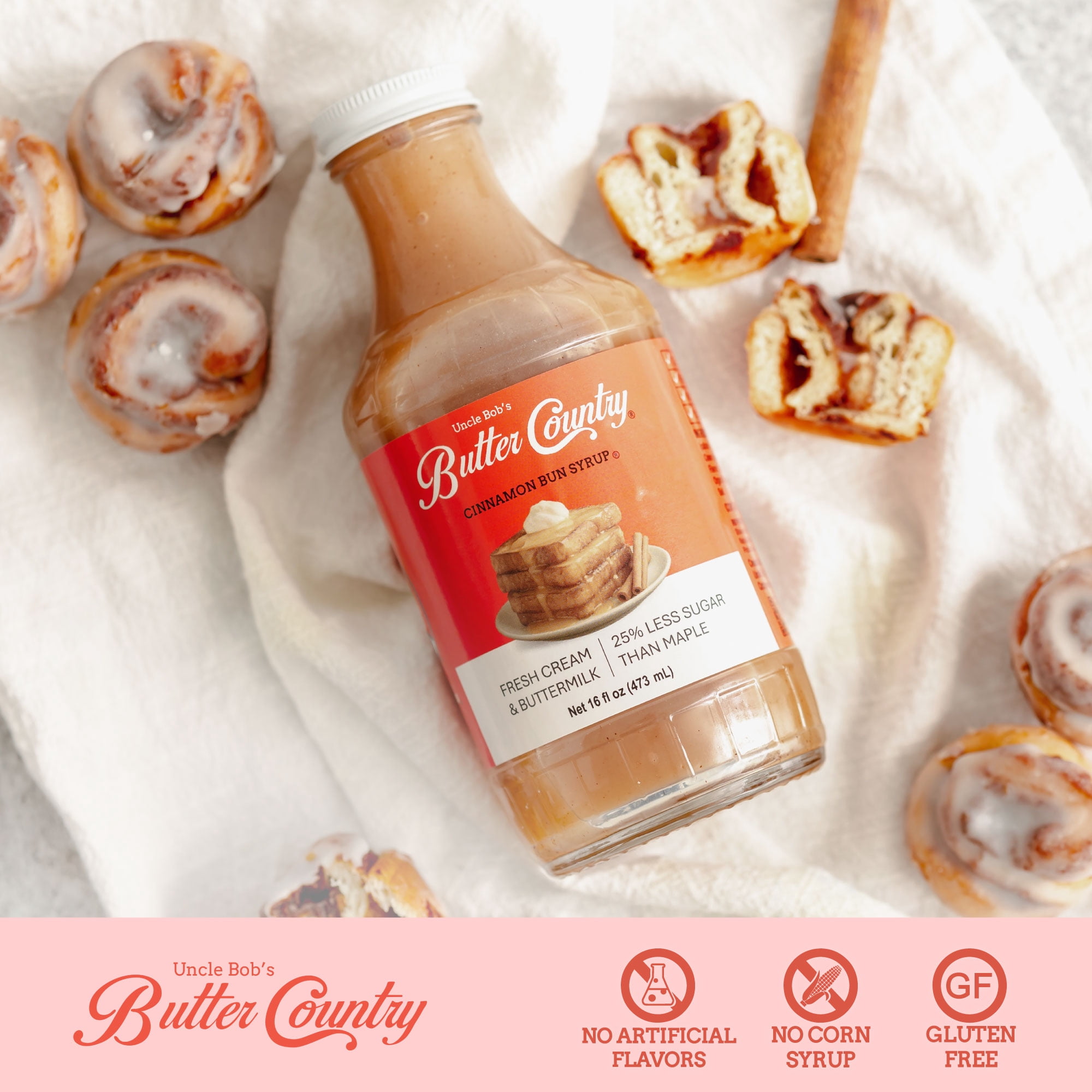 Butter Country Rich and Creamy Buttermilk Syrup | Cinnamon Bun Flavor | 16 fl oz/4 Pack
