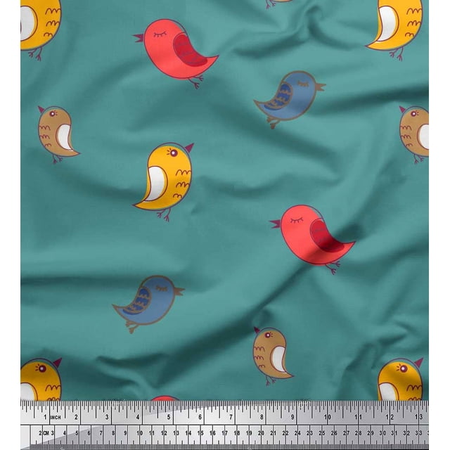 Soimoi Modal Satin Fabric Bird Clip Art Print Fabric by The Yard 42 Inch Wide